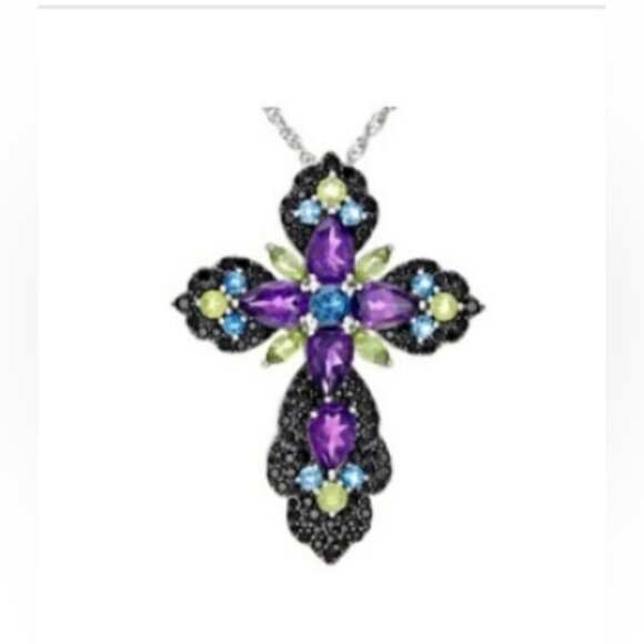 10.95ctw Multi-Gem Silver Cross Pendant With 26" chain. - Picture 2 of 5